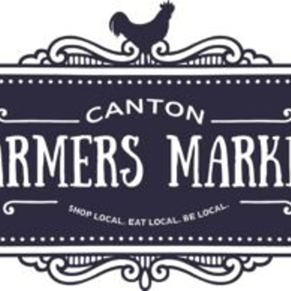 Canton Farmers Market logo with a rooster atop a decorative dark blue sign.