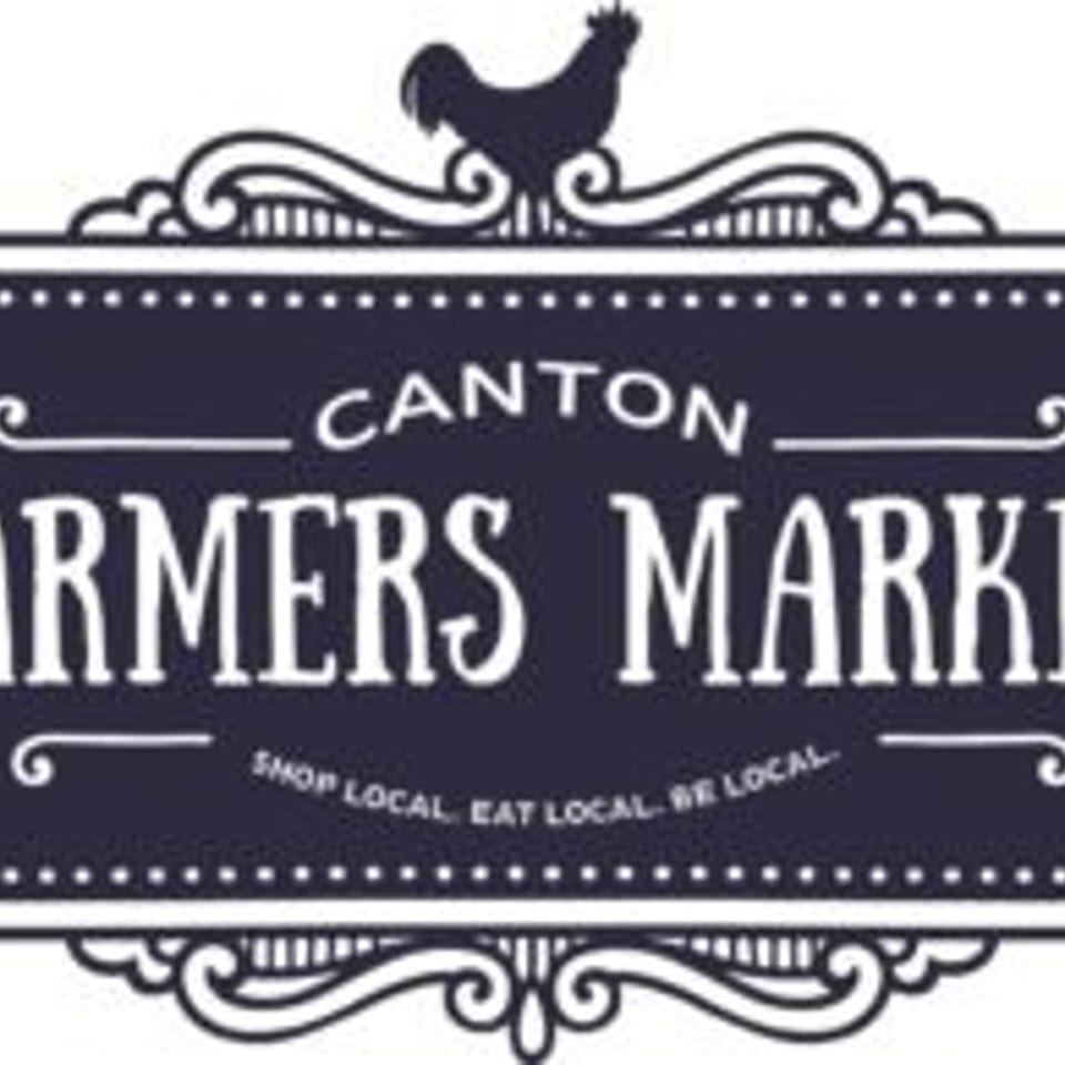 Canton Farmers Market logo with a rooster atop a decorative dark blue sign.