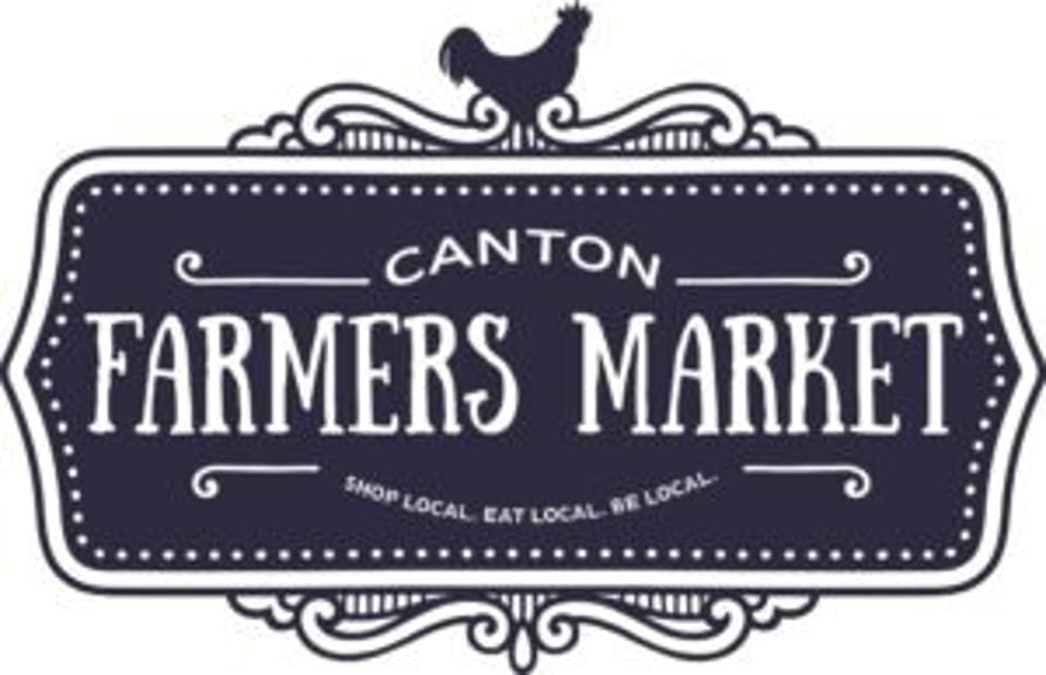 Canton Farmers Market logo with a rooster atop a decorative dark blue sign.