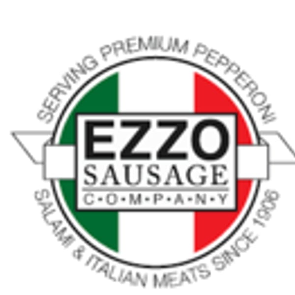 Ezzo Sausage Company logo with Italian flag colors, text, and a banner.