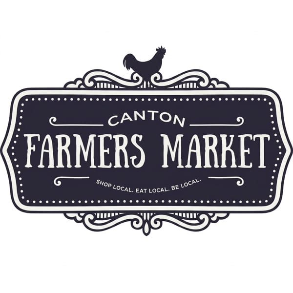 Canton Farmers Market logo, a dark blue ornate sign with a rooster on top.