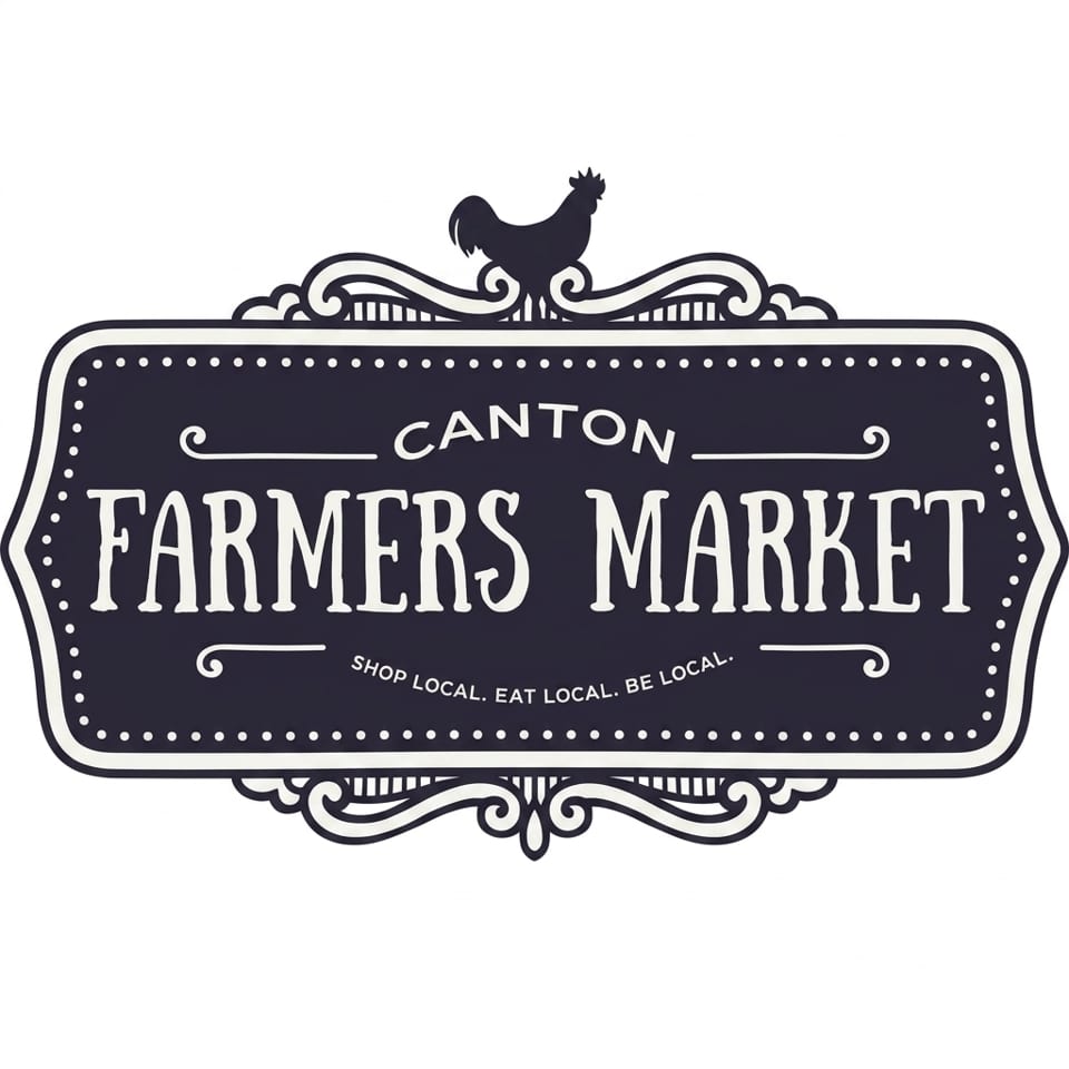 Canton Farmers Market logo, a dark blue ornate sign with a rooster on top.