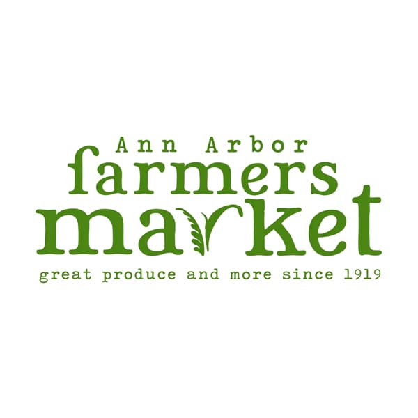 Ann Arbor Farmers Market logo with green text and a leafy design, "great produce and more since 1919".