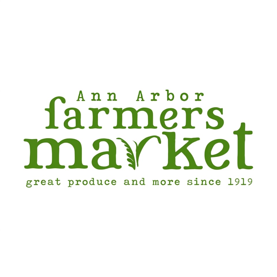 Ann Arbor Farmers Market logo with green text and a leafy design, "great produce and more since 1919".