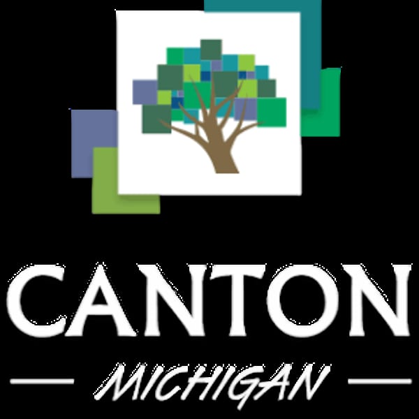 Canton, Michigan logo with a tree made of colorful squares on a dark background.