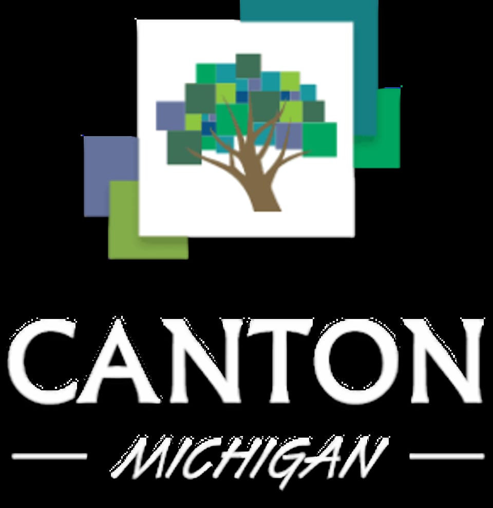 Canton, Michigan logo with a tree made of colorful squares on a dark background.