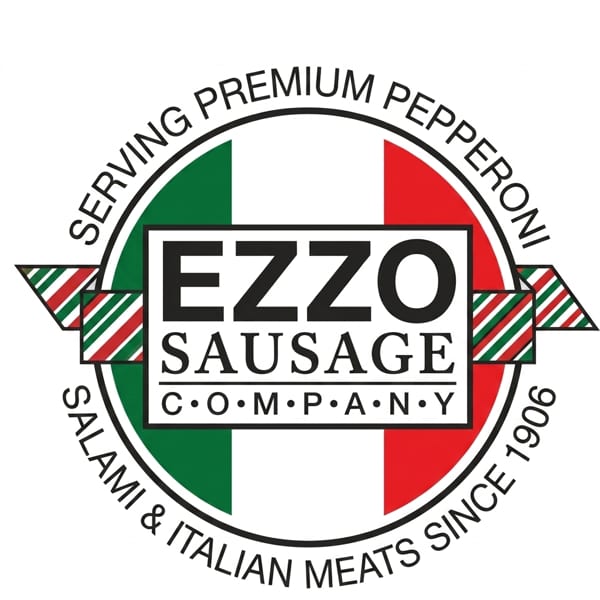 Ezzo Sausage Company logo with Italian flag colors and text "Serving Premium Pepperoni, Salami & Italian Meats Since 1906".